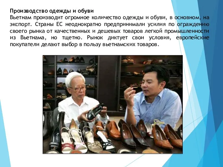 Производство одежды и обуви Вьетнам производит огромное количество одежды и обуви,