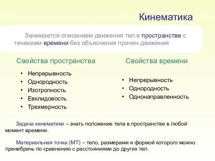 Кинематика Занимается описанием движения тел в пространстве с течением времени без