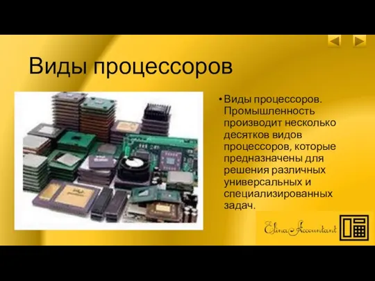 Виды процессоров Виды процессоров. Промышленность производит несколько десятков видов процессоров, которые