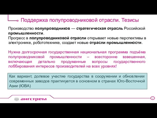 Поддержка полупроводниковой отрасли. Тезисы Производство полупроводников — стратегическая отрасль Российской промышленности.