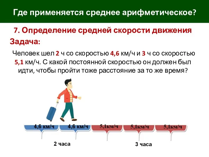 Где применяется среднее арифметическое? 7. Определение средней скорости движения Задача: Человек