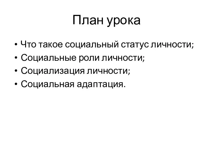 План урока Что такое социальный статус личности; Социальные роли личности; Социализация личности; Социальная адаптация.