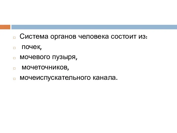 Система органов человека состоит из: почек, мочевого пузыря, мочеточников, мочеиспускательного канала.