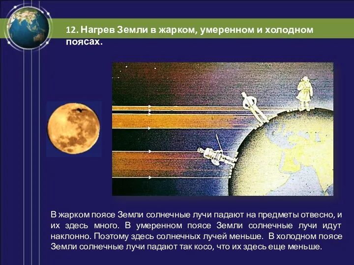 В жарком поясе Земли солнечные лучи падают на предметы отвесно, и