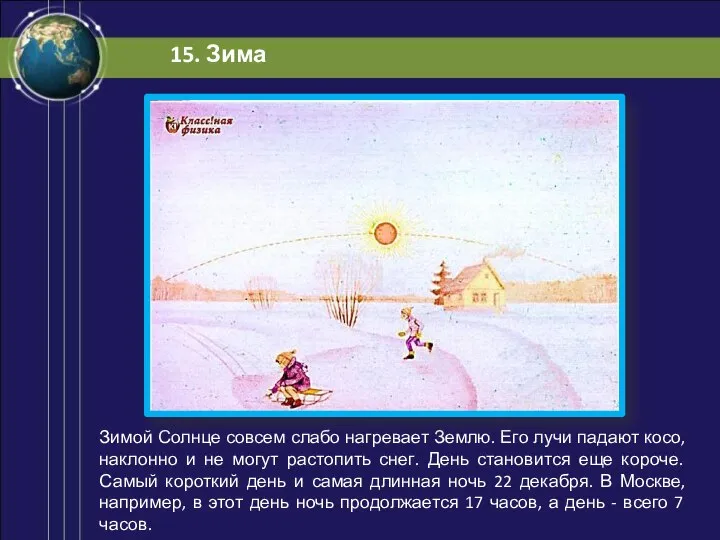 Зимой Солнце совсем слабо нагревает Землю. Его лучи падают косо, наклонно