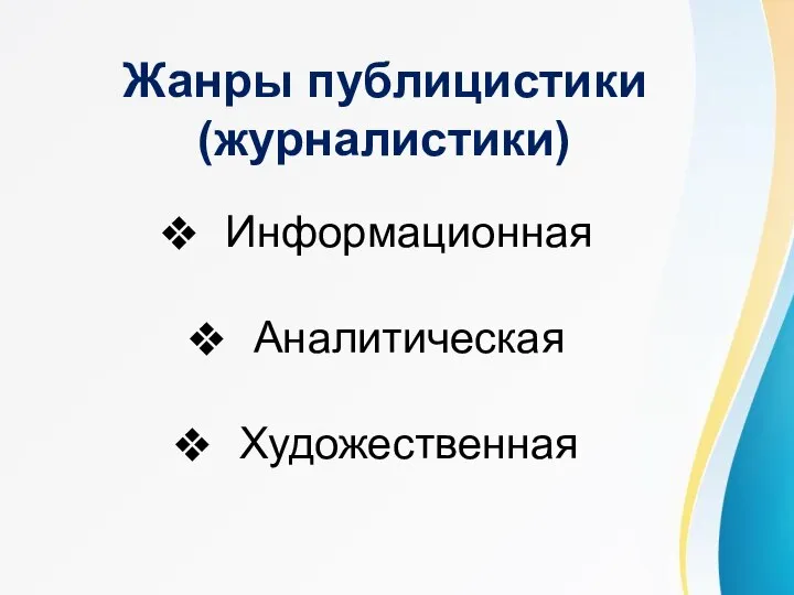 Жанры публицистики (журналистики) Информационная Аналитическая Художественная