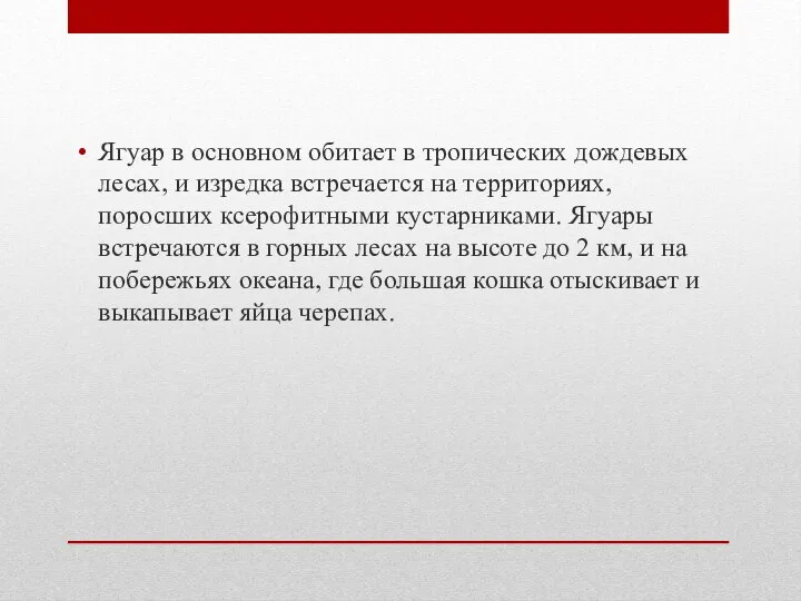 Ягуар в основном обитает в тропических дождевых лесах, и изредка встречается