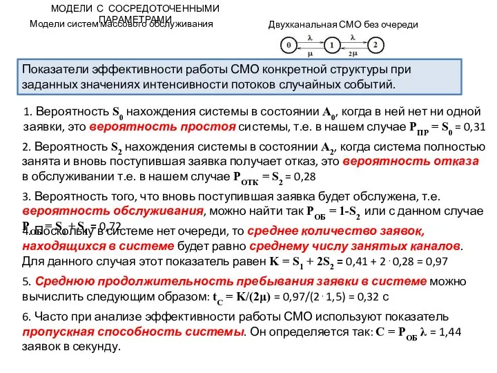 МОДЕЛИ С СОСРЕДОТОЧЕННЫМИ ПАРАМЕТРАМИ Модели систем массового обслуживания Двухканальная СМО без