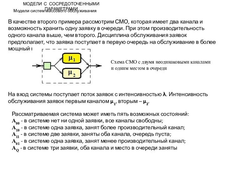 МОДЕЛИ С СОСРЕДОТОЧЕННЫМИ ПАРАМЕТРАМИ Модели систем массового обслуживания В качестве второго