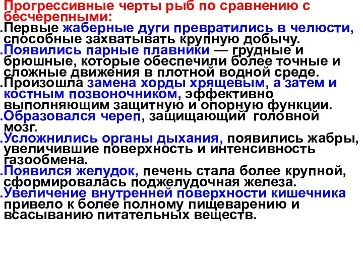 Прогрессивные черты рыб по сравнению с бесчерепными: Первые жаберные дуги превратились