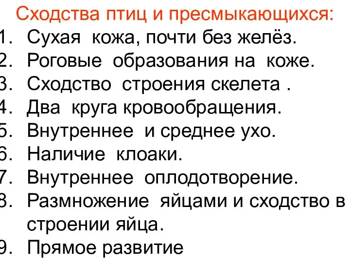 Сходства птиц и пресмыкающихся: Сухая кожа, почти без желёз. Роговые образования