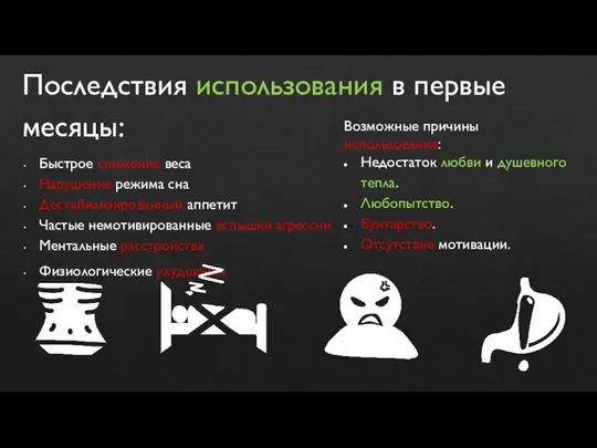 Последствия использования в первые месяцы: Быстрое снижение веса Нарушение режима сна