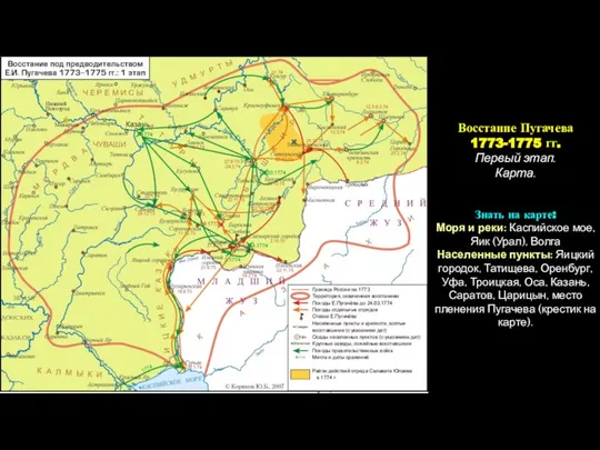 Восстание Пугачева 1773-1775 гг. Первый этап. Карта. Знать на карте: Моря