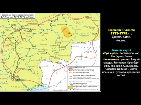 Восстание Пугачева 1773-1775 гг. Третий этап. Карта. Знать на карте: Моря