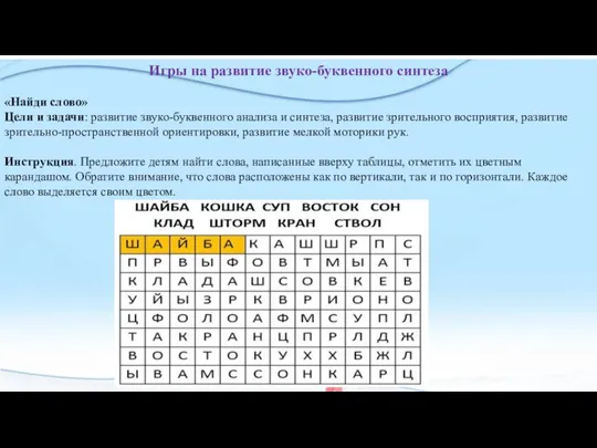 Игры на развитие звуко-буквенного синтеза «Найди слово» Цели и задачи: развитие