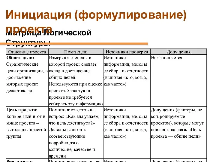 Матрица Логической Структуры Инициация (формулирование) проекта