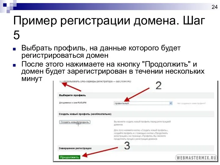 Пример регистрации домена. Шаг 5 Выбрать профиль, на данные которого будет