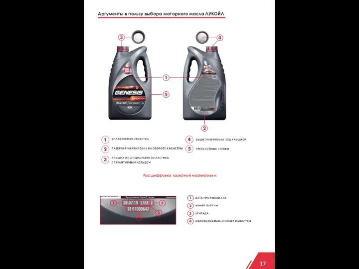 Аргументы в пользу выбора моторного масла ЛУКОЙЛ 17 Расшифровка лазерной маркировки:
