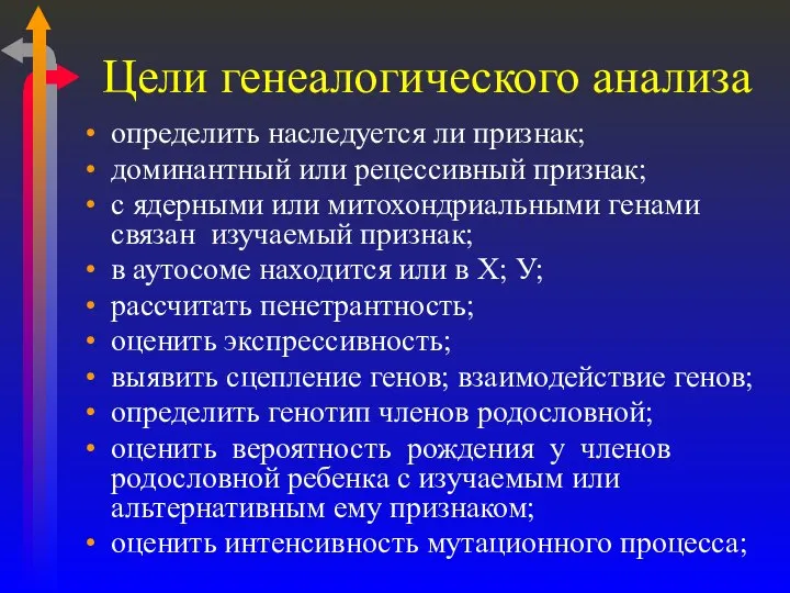 Цели генеалогического анализа определить наследуется ли признак; доминантный или рецессивный признак;