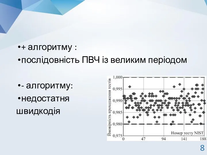 + алгоритму : послідовність ПВЧ із великим періодом - алгоритму: недостатня швидкодія 8