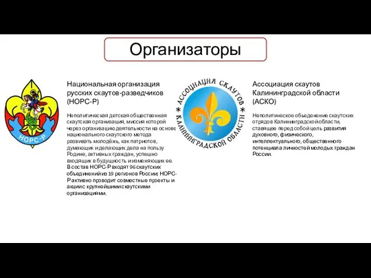 Организаторы Национальная организация русских скаутов-разведчиков (НОРС-Р) Неполитическая детская общественная скаутская организация,