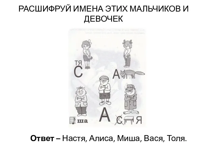 РАСШИФРУЙ ИМЕНА ЭТИХ МАЛЬЧИКОВ И ДЕВОЧЕК Ответ – Настя, Алиса, Миша, Вася, Толя.