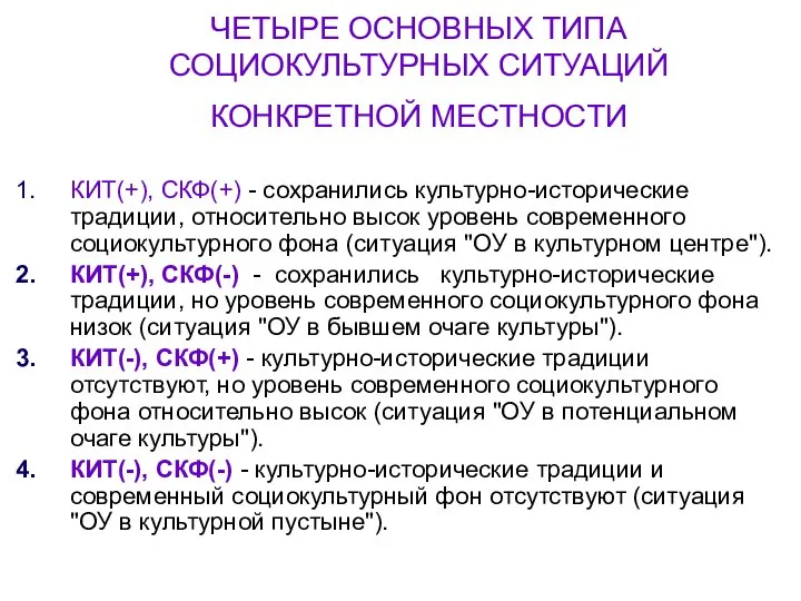 ЧЕТЫРЕ ОСНОВНЫХ ТИПА СОЦИОКУЛЬТУРНЫХ СИТУАЦИЙ КОНКРЕТНОЙ МЕСТНОСТИ КИТ(+), СКФ(+) - сохранились