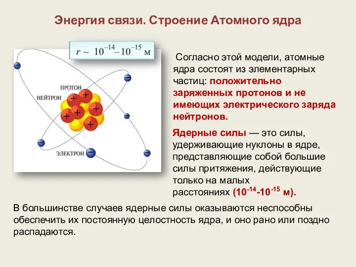 Согласно этой модели, атомные ядра состоят из элементарных частиц: положительно заряженных