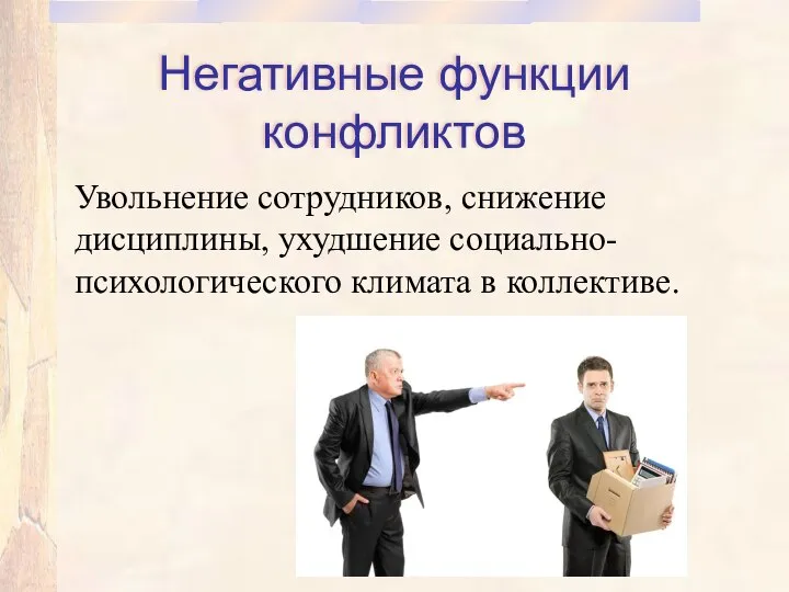 Негативные функции конфликтов Увольнение сотрудников, снижение дисциплины, ухудшение социально-психологического климата в коллективе.