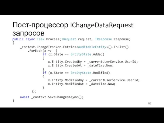 Пост-процессор IChangeDataRequest запросов public async Task Process(TRequest request, TResponse response) {