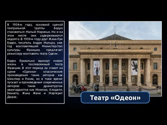 В 1954-м году, основной сценой театральной труппы Барро становиться Малый Мариньи.