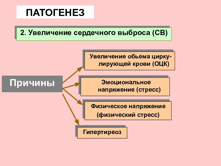 2. Увеличение сердечного выброса (СВ) ПАТОГЕНЕЗ Причины Увеличение обьема цирку-лирующей крови