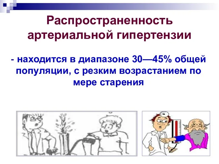 Распространенность артериальной гипертензии - находится в диапазоне 30—45% общей популяции, с резким возрастанием по мере старения