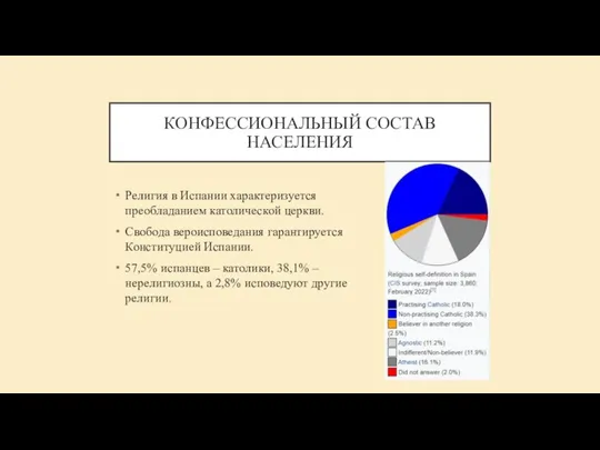 КОНФЕССИОНАЛЬНЫЙ СОСТАВ НАСЕЛЕНИЯ Религия в Испании характеризуется преобладанием католической церкви. Свобода