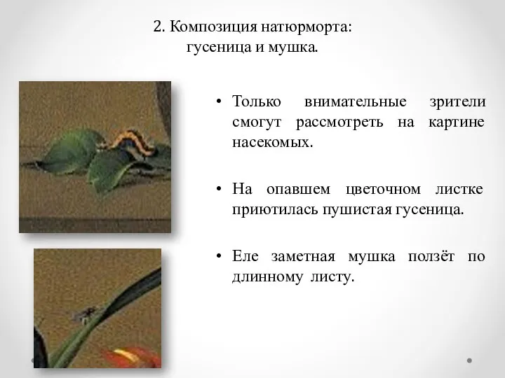 2. Композиция натюрморта: гусеница и мушка. Только внимательные зрители смогут рассмотреть