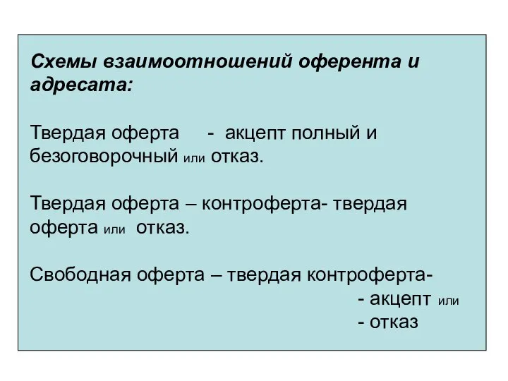 Схемы взаимоотношений оферента и адресата: Твердая оферта - акцепт полный и