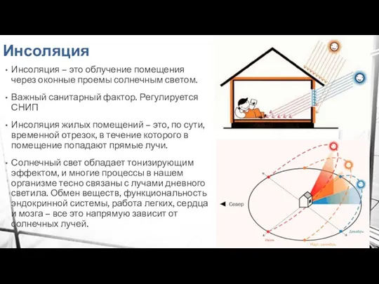 Инсоляция – это облучение помещения через оконные проемы солнечным светом. Важный