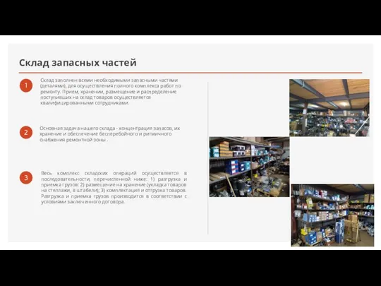 Склад запасных частей Склад заполнен всеми необходимыми запасными частями (деталями), для