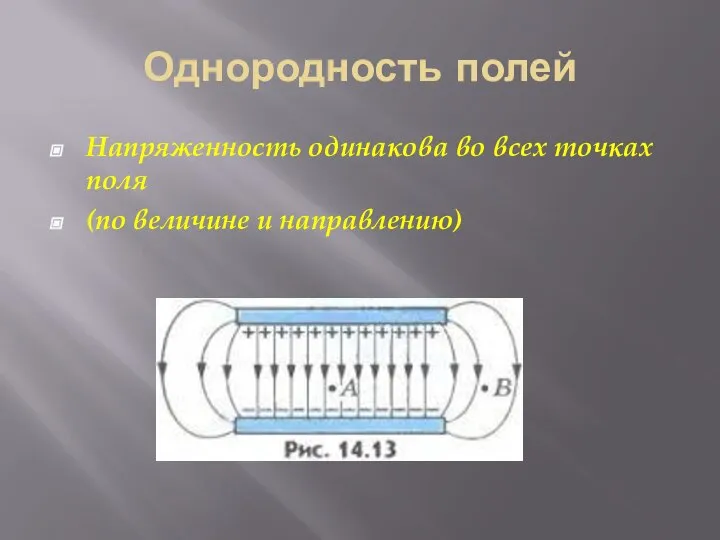 Однородность полей Напряженность одинакова во всех точках поля (по величине и направлению)