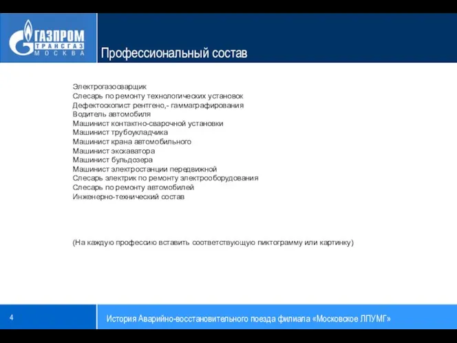 Профессиональный состав Электрогазосварщик Слесарь по ремонту технологических установок Дефектоскопист рентгено,- гаммаграфирования