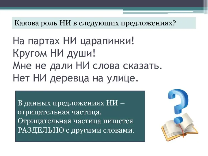 На партах НИ царапинки! Кругом НИ души! Мне не дали НИ