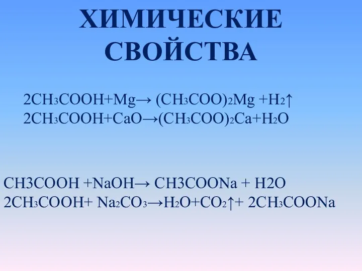 ХИМИЧЕСКИЕ СВОЙСТВА 2CH3COOH+Mg→ (CH3COO)2Mg +H2↑ 2CH3COOH+CaO→(CH3COO)2Ca+H2O CH3COOH +NaOH→ CH3COONa + H2O 2CH3COOH+ Na2CO3→H2O+CO2↑+ 2CH3COONa