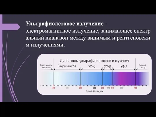 Ультрафиолетовое излучение - электромагнитное излучение, занимающее спектральный диапазон между видимым и рентгеновским излучениями.