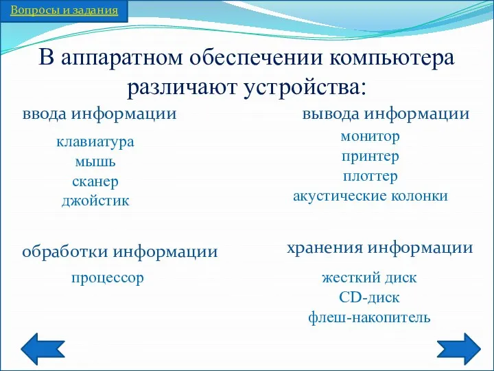 В аппаратном обеспечении компьютера различают устройства: ввода информации вывода информации обработки