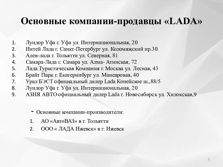 Основные компании-продавцы «LADA» Луидор Уфа г. Уфа ул. Интернациональная, 20 Интей