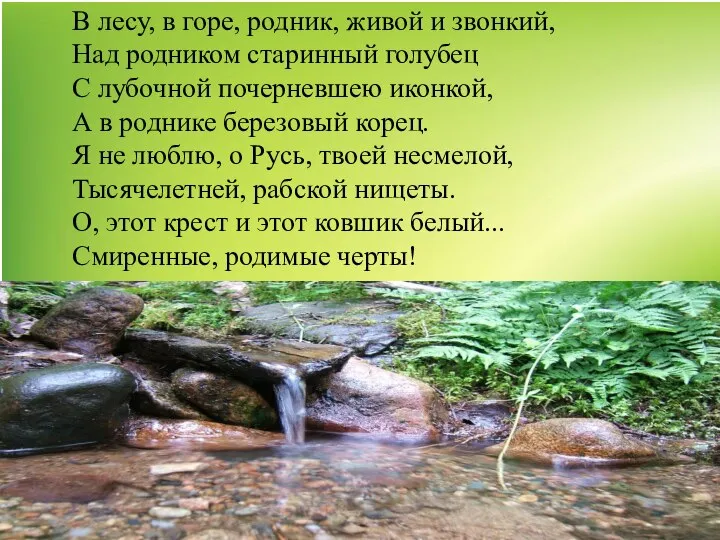 В лесу, в горе, родник, живой и звонкий, Над родником старинный