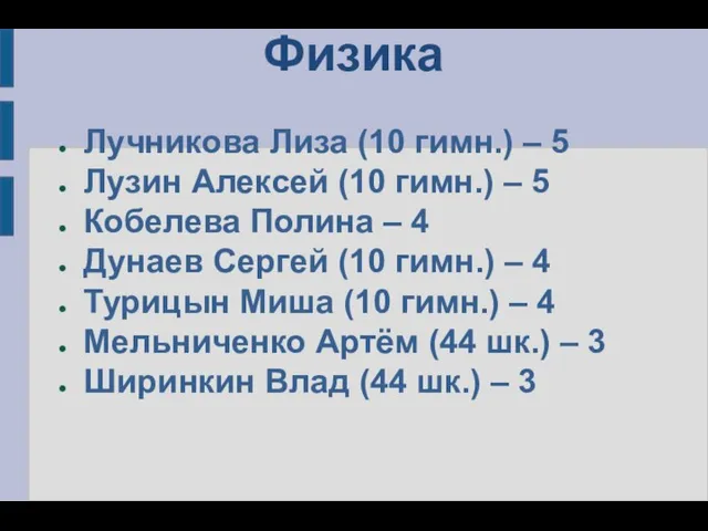 Физика Лучникова Лиза (10 гимн.) – 5 Лузин Алексей (10 гимн.)