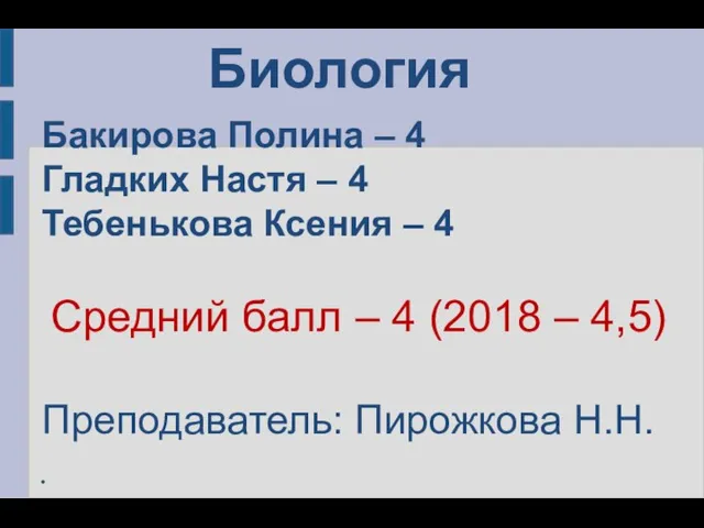 Биология Бакирова Полина – 4 Гладких Настя – 4 Тебенькова Ксения