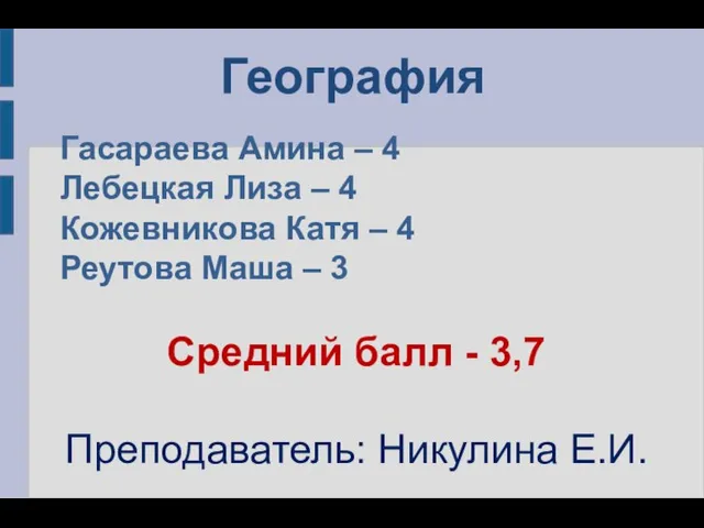 География Гасараева Амина – 4 Лебецкая Лиза – 4 Кожевникова Катя