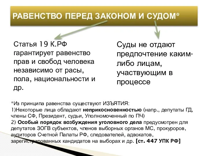 Статья 19 К.РФ гарантирует равенство прав и свобод человека независимо от